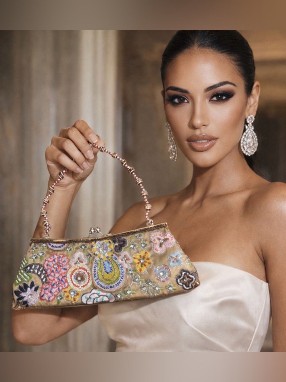 Bag Embroidered Embellished Beads Floral Designer Style Party Metal Frame Women